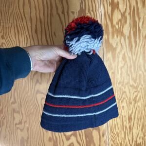 Smiley Sparks NV Vintage 100% Wool Hat Beanie Pom Pom Red Navy Gray Striped